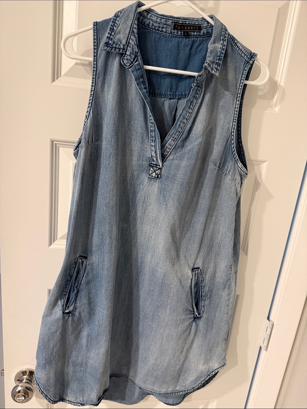 FUNSPORT L LARGE WOMENS DENIM JEAN SLEAVELESS DRESS COVER UP TANK CHIC BLUE